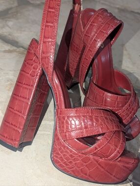 Red Croc-Embossed Platform Slingback Heels